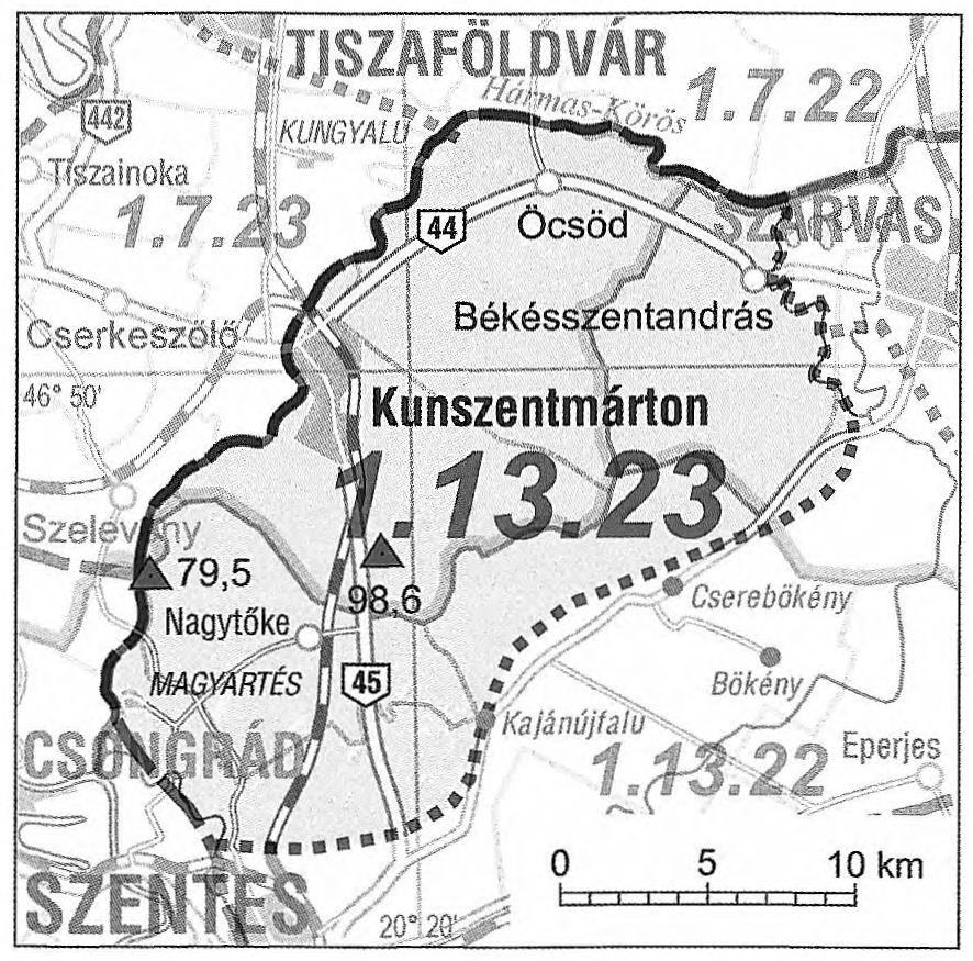 34. térkép: Körösszög kistáj Domborzati adatok A kistáj 79,5 és 98,6 m közötti tszf-i magasságú, a Hármas-Körös völgyétől a Maroshordalékkúpsíkság felé enyhén emelkedő, alacsony, ármentes síkság.