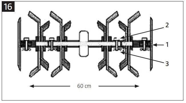 A forgókések cseréje 1. Vegye ki a sasszegeket (16. ábra, 3. tétel) és vegye ki a rögzítőket (16. ábra, 2. tétel), amelyek a késeket a meghajtó tengelyhez rögzítik. 2. Vegye le a késeket a meghajtó tengelyről.