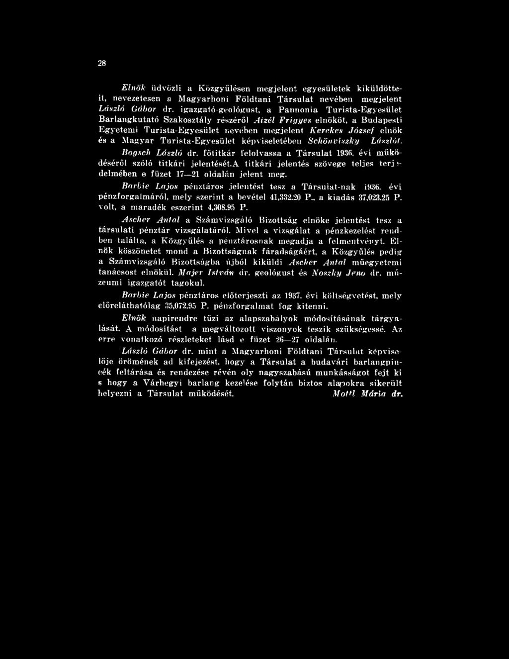 , a kiadás 37,023.25 P. volt, a maradék eszerint 4,308.95 P. Ascher Aritól a Számvizsgáló Bizottság elnöke jelentést tesz a társulati pénztár vizsgálatáról.