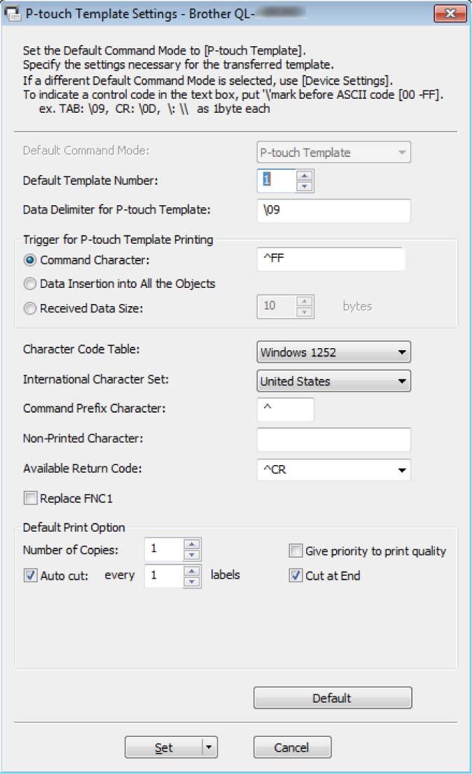 Címkék nyomtatása a P-touch Template alkalmazással d Adja meg a megfelelő beállításokat, majd kattintson a Set (Beállítás) gombra.