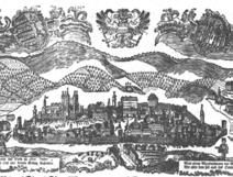 Pécs látképe egy oklevélről 1776. évből. domb alján található Karlejala, az Anna utca és a Szent Mór utca sarkán található kút, illetve a Vak Bottyán (ma Kálvária) utcában lévő kút.