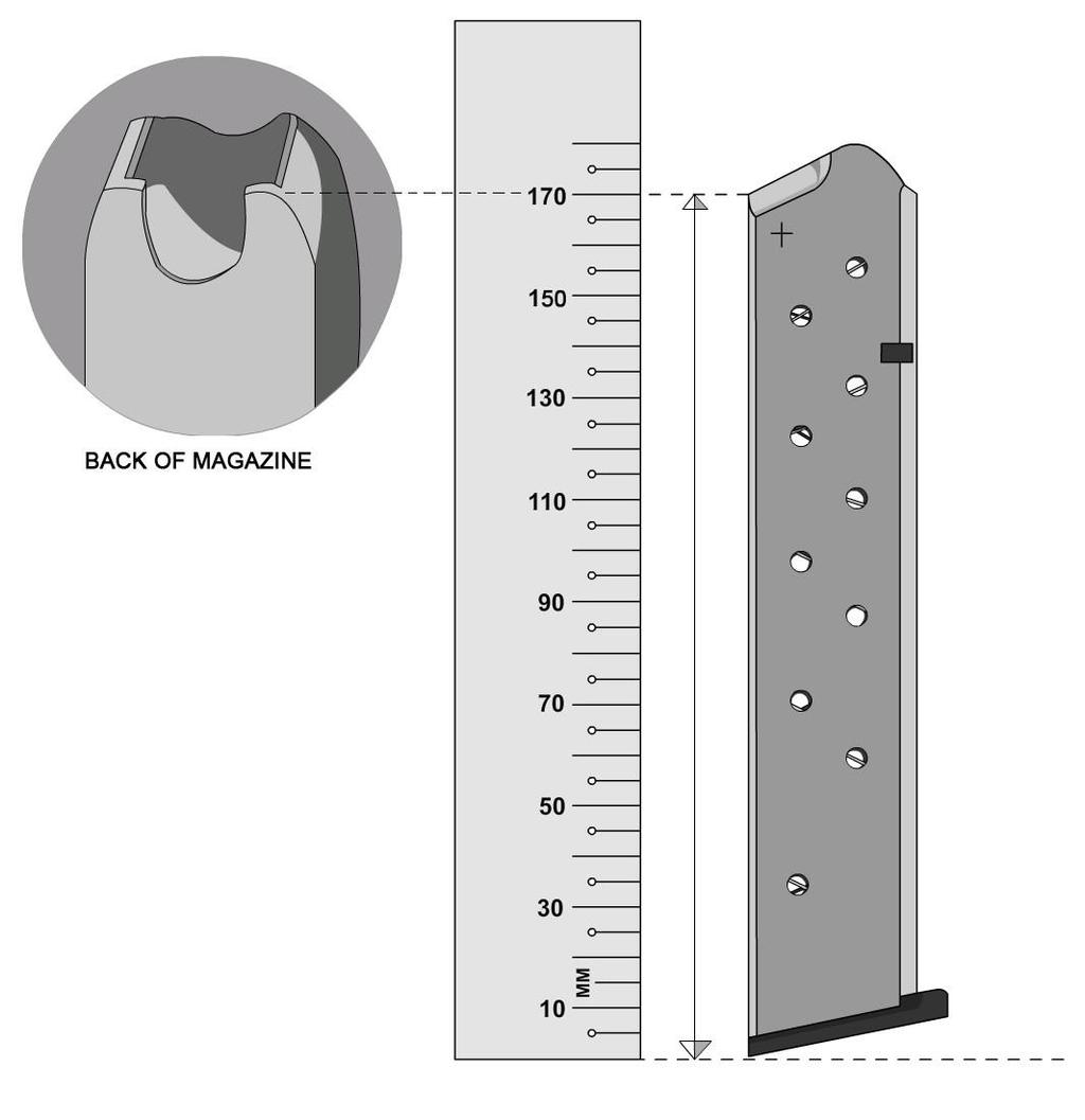 APPENDIX E1: Magazine Measurement Procedure The magazine is placed vertically upright on a flat surface, with the measurement taken from the flat surface upwards to the rear of the feed-lips, as