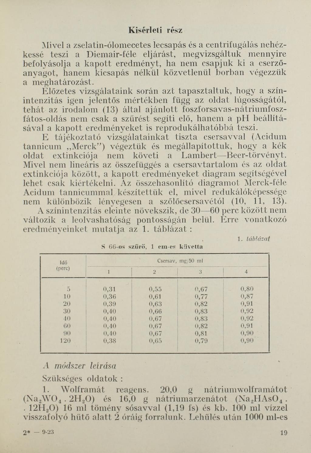 Kísérleti rész Mivel a zselatin-ólomecetes lecsapás és a centrifugálás nehézkessé teszi a Diemair-féle eljárást, megvizsgáltuk mennyire befolyásolja a kapott eredményt, ha nem csapjuk ki a