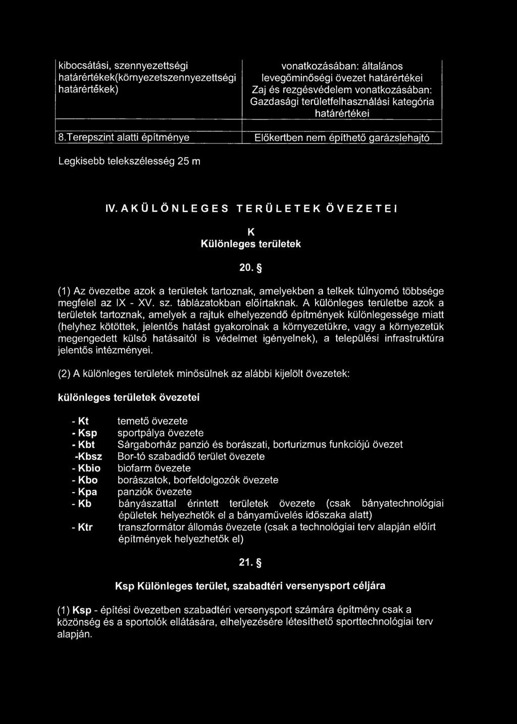 építhető garázslehajtó Legkisebb telekszélesség 25 m IV. AKÜLÖNLEGES TERÜLETEK ÖVEZETEI K Különleges területek 20.