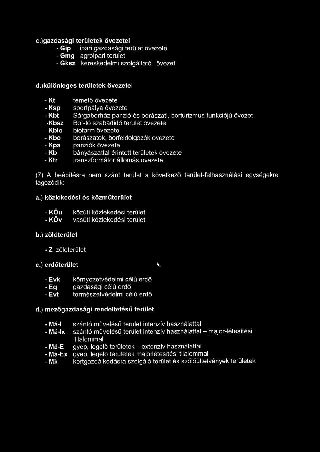 övezete - Kbo borászatok, borfeldolgozók övezete - Kpa panziók övezete -K b bányászattal érintett területek övezete - Ktr transzformátor állomás övezete (7) A beépítésre nem szánt terület a következő