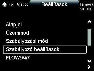 "Beállítások" menü Ez a menü az alábbi beállítási lehet ségeket tartalmazza: "Alapjel" "Üzemmód" "Szabályozási mód" "Szabályozó beállítások", nem az A modell "FLOWLIMIT" "Automatikus éjszakai üzem"