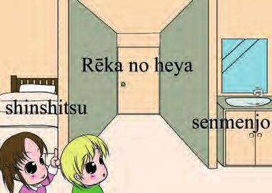 (rē) Koko wa shinshitsu desu. Soko wa senmenjo desu.