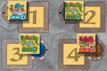Az osztó játékos véletlenszerûen kihúz a fekete vászonzsákból 4 db épületlapkát (épületet), és ezeket a kihúzás sorrendjében az a piactéren 1 4-ig számozott üres mezôre helyezi.