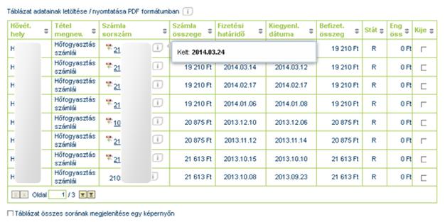 keresésekor. A számla sorszáma mellett látható ikonra kattintva megjelenik a számla kelte. Azok a számlák, amelyek mellett PDF ikon látható, letölthetők PDF formátumban.
