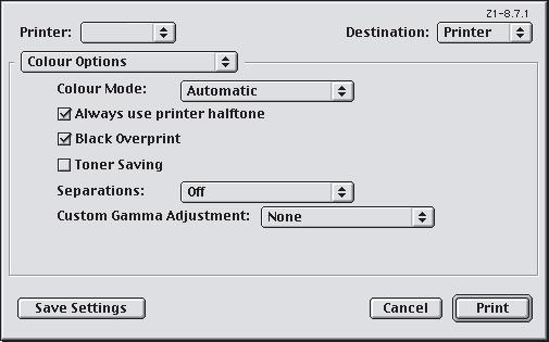 MAC OS 9 1. Válassza a [Fájl] [Nyomtatás] parancsot. 1 2 3 2. A [Nyomtató] menüből (1) válassza ki a nyomtató típusát. 3. Válassza ki a [Színek beállításai] (2) elemet.