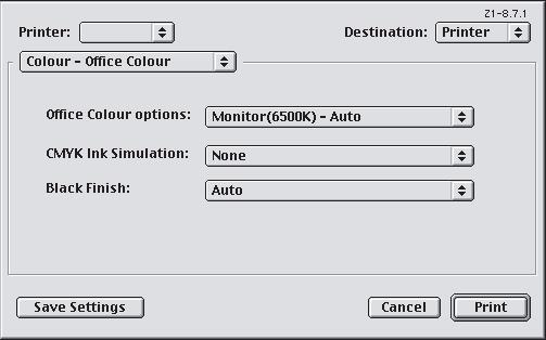 MAC OS 9 (OFFICE SZÍNEK) 1. Válassza a [Fájl] menü [Nyomtatás] elemét. 1 2 3 2. A [Nyomtató] menüből (1) válassza ki a nyomtatóját. 3. A következő menüben (2) válassza a [Szín Office színek] lehetőséget.