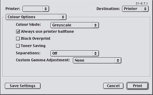 MAC OS 9 1. Válassza az alkalmazásban a [Fájl] [Nyomtatás] parancsot. 1 2 3 4 2. A [Nyomtató] menüből (1) válassza ki a nyomtatóját. 3. A következő menüben (2) válassza a [Színek beállításai] lehetőséget.