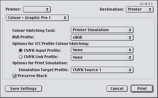 MAC OS 9 / CLASSIC Ha forrás RGB-dokumentumot használ, másik nyomtató kimenetének szimulálásához válassza az alábbi beállításokat a nyomtatóillesztőprogramban: 1.