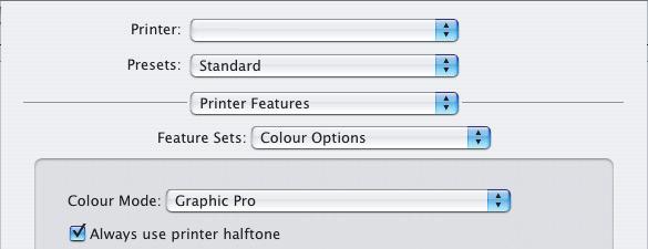 MAC OS X 1. Válassza a [Fájl] [Nyomtatás] parancsot. 1 2 3 4 2. A [Nyomtató] menüből (1) válassza ki a nyomtató típusát. 3. Válassza ki a [Nyomtató szolgáltatásai] (2) beállítást. 4. A [Funkciókészletek] menüből (3) válassza a [Színek beállításai] lehetőséget.
