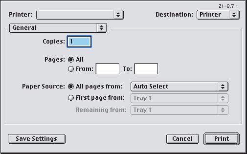 MAC OS9.X 1. Válassza a [Fájl] [Nyomtatás] parancsot. 1 2 3 2. A nyomtatómenüből (1) válassza ki a nyomtató típusát. 3. Válassza ki az [Általános] (2) lehetőséget. 4.