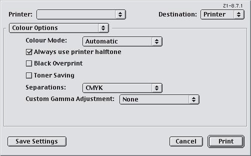MAC OS9 1. Válassza a [File] (Fájl) [Print] (Nyomtatás) parancsot. 1 2 3 2. A nyomtatómenüből (1) válassza ki a nyomtató típusát. 3. Válassza ki a [Colour Options] (Színek beállításai) (2) elemet.