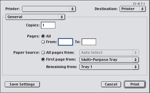 MAC OS9.X 1. Válassza a [File] (Fájl) [Print] (Nyomtatás) parancsot. 1 2 3 4 2. A [Printer] (Nyomtató) menüből (1) válassza ki a nyomtató típusát. 3. Válassza ki a [General] (Általános) (2) lehetőséget.
