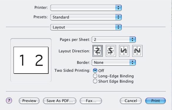 2. A [Printer] (Nyomtató) menüből (1) válassza ki a nyomtató típusát. 3. Válassza ki a [Layout] (Elrendezés) (2) lehetőséget. 4.