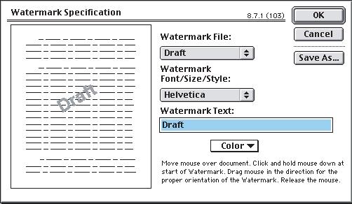 [Nincs] (vízjel nélkül), [Első] vagy [Minden oldal]. 4. Válassza ki a nyomtatandó vízjel típusát (3): PICT fájl, EPS fájl vagy normál szöveg. 5.