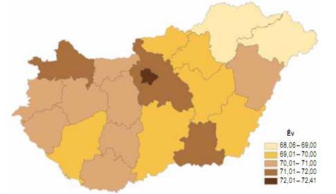 A férfiak születéskor várható élettartama, 2010 A várható élettartam mindkét nem esetében Borsod-Abaúj-Zemplén megyében a legrövidebb: itt a fériak