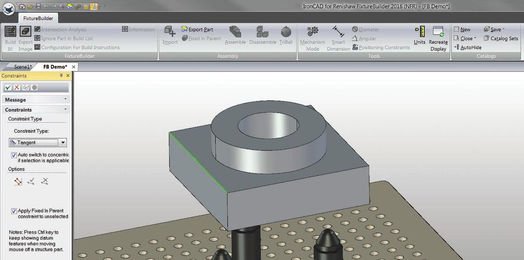 FixtureBuilder Felhasználói útmutató Befogóeszköz létrehozása Használja a Kényszerek eszközt az alkatrész befogóeszközbe pozícionálásához.