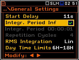 indításának késleltetése (Start Delay), integrálási periódus/mérési idő (Integration Period), a mérési ciklusok ismétlése (Repetition Cycles), az RMS detektor típusa (RMS Integration) és nappali