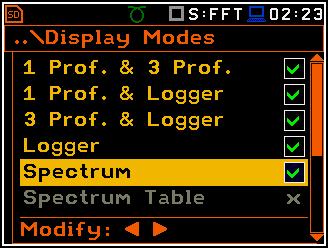 SVAN 979 FELHASZNÁLÓI KÉZIKÖNYV 99 Kijelző mód /Display Modes az FFT spektrum megjelenítési módjának megválasztását teszi lehetővé; Kijelző skála /Display Scale lehetővé teszi a spektrum megjelenítés