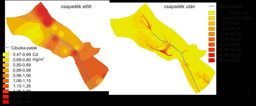 7.23. ábra A feltalaj Cd tartalmának térbeli eloszlása, valamint elmozdulása a 2004. 06. 24. napi csapadékeseményhez kötődően (mg/m 2 ) 7.3.3. A foszfor elmozdulás modellezése kisvízgyűjtőn A P-vegyületek vízben gyengén oldódnak, oldat formájában alig mozognak, kilúgozódásuk csekély mértékű.