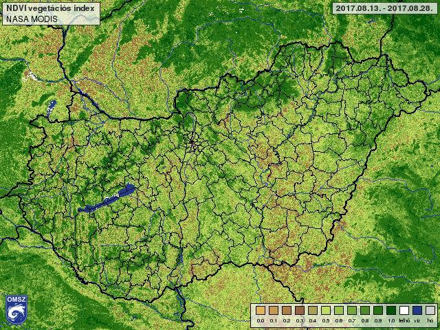 TERRA és AQUA műholdak MODIS érzékelőjével készült műholdképekből számított NDVI térképek (MOD13Q1, NASA EOSDIS Land Processes DAAC) A térképek 16 nap adataiból készülnek, csak derült, felhő mentes