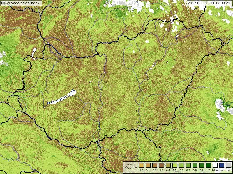 TERRA és AQUA műholdak MODIS érzékelőjével készült műholdképekből számított NDVI térképek (MOD13Q1, NASA EOSDIS Land Processes DAAC) A térképek 16 nap adataiból készülnek, csak derült, felhő mentes