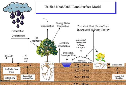 NCEP-NCAR Noah felszínmodell 4 talajréteg (10, 30, 60, 100 cm vastagság) (változtatható) Linearizált (nem iteratív) víz- és energiamérleg --> hatékony numerikus séma Direkt talajpárolgás, intercepció
