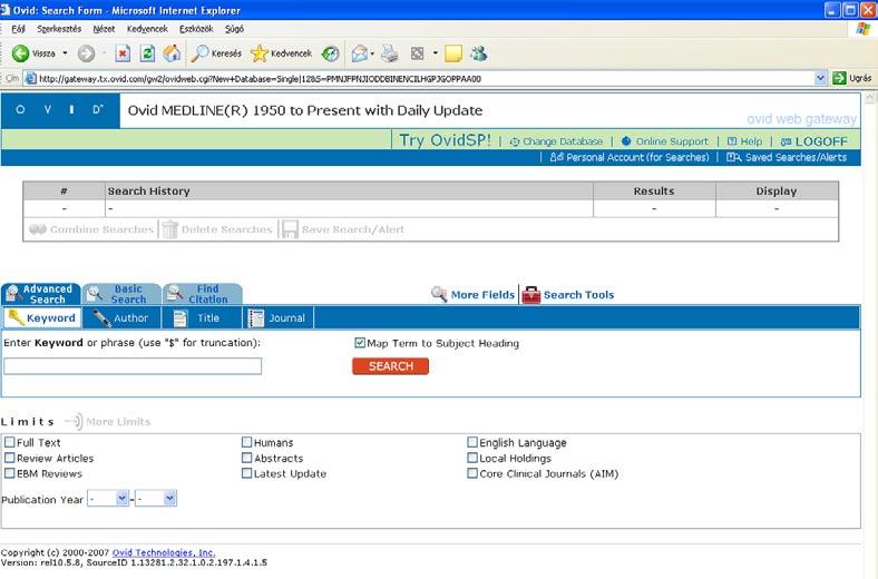 com/home/) Különböző adattárakhoz nyújt elérést (6. ábra). Az orvostudományi adatok keresésére az Academic Search Primer adattárat választhatjuk (7. ábra). A Web of Science, a Scopus, a BioMed Central, az OVID és az EBSCO adattárak a Semmelweis Egyetem Központi Könyvtára honlapjáról (www.