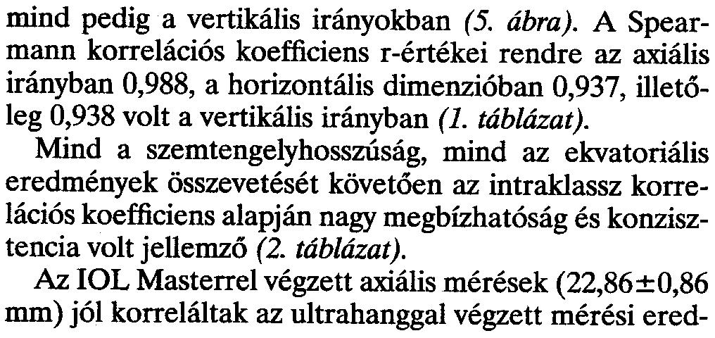Mind a szemtengelyhosszúság, mind az ekvatoriális eredmények összevetését követõen az intraklassz korrelációs koefficiens alapján nagy