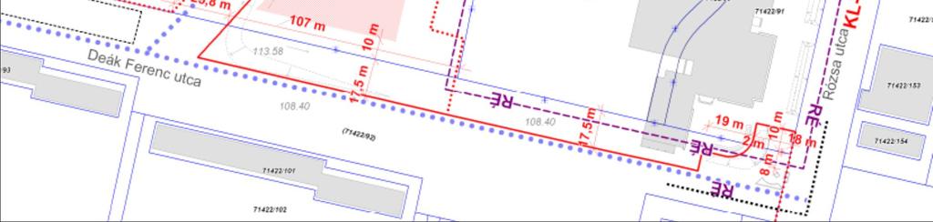 meghosszabbított vonalában lévő utca-szakasz által átmetszett 71422/88 hrsz-ú (mellesleg az FSZKT szerint részben IZ /jelentős zöldfelületű intézményterület/ keretövezetbe sorolt) közterület