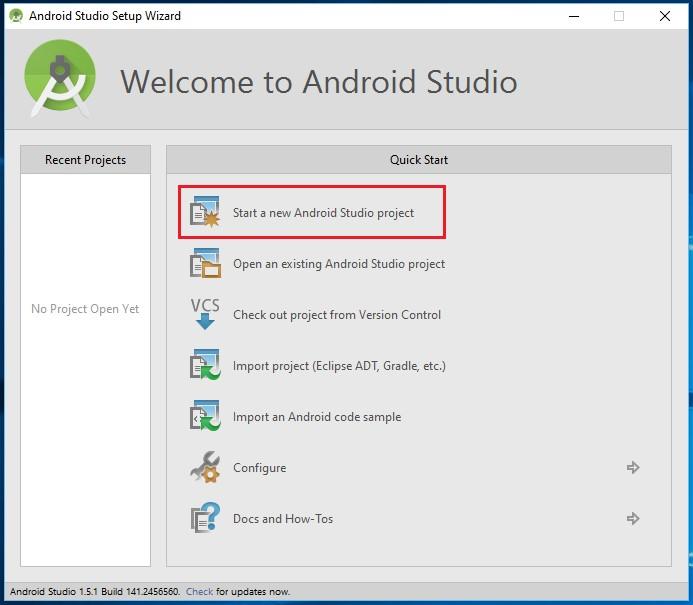 2 Új program készítése Az Android Studio indítása után a következő ablak