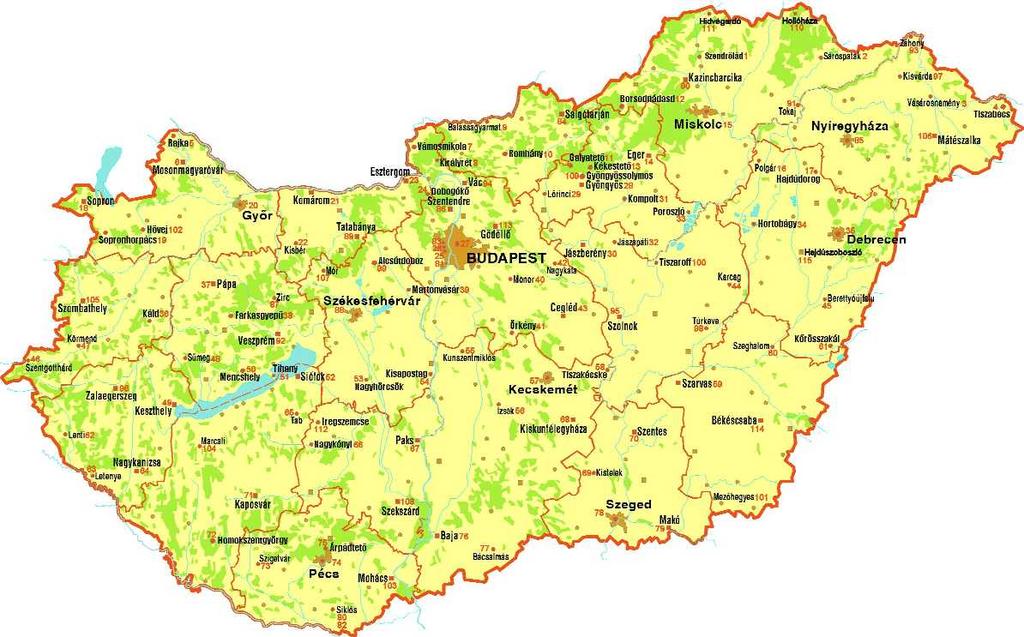 1.1.3. ábra. Az országos TLD mérőhálózat mérési pontjai 1.1.2. táblázat. Az országos TLD mérőhálózat 2007. évi mérési eredményei Település Dózisteljesítmény (nsv/h) 1. negyedév 2. negyedév 3.