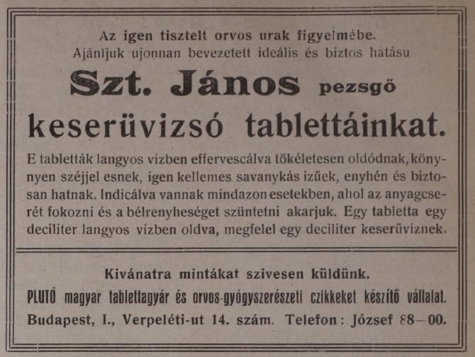 Végül szerepeljen egy olyan hirdetés, amelyben a Pluto név is megjelenik. 11. ábra: Pluto hirdetés az Orvosi Hetilapban (1919 (24), 272.