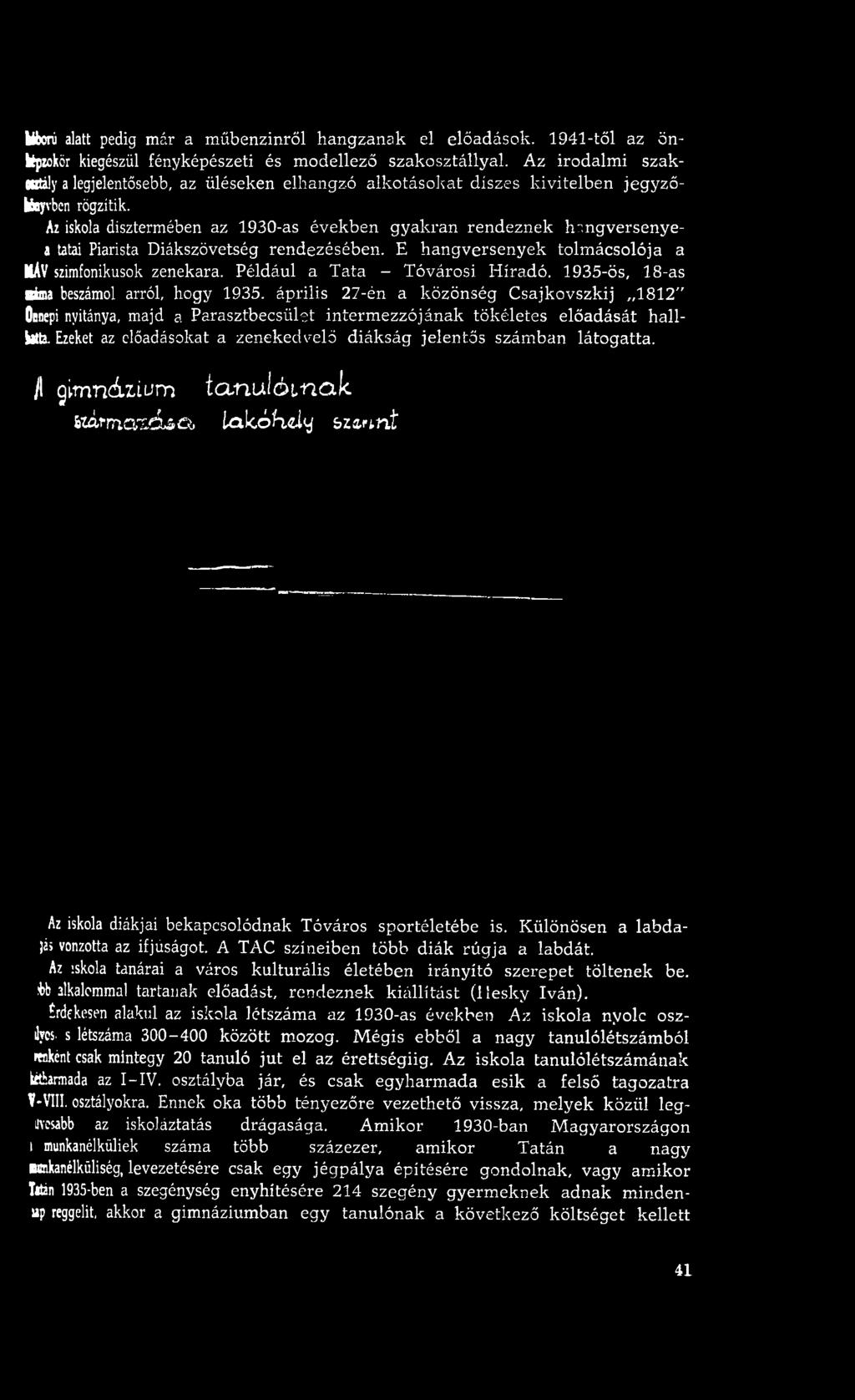 Az iskola dísztermében az 1930-as években gyakran rendeznek hsngversenyea tatai Piarista Diákszövetség rendezésében. E hangversenyek tolm ácsolója a MÁVszimfonikusok zenekara.