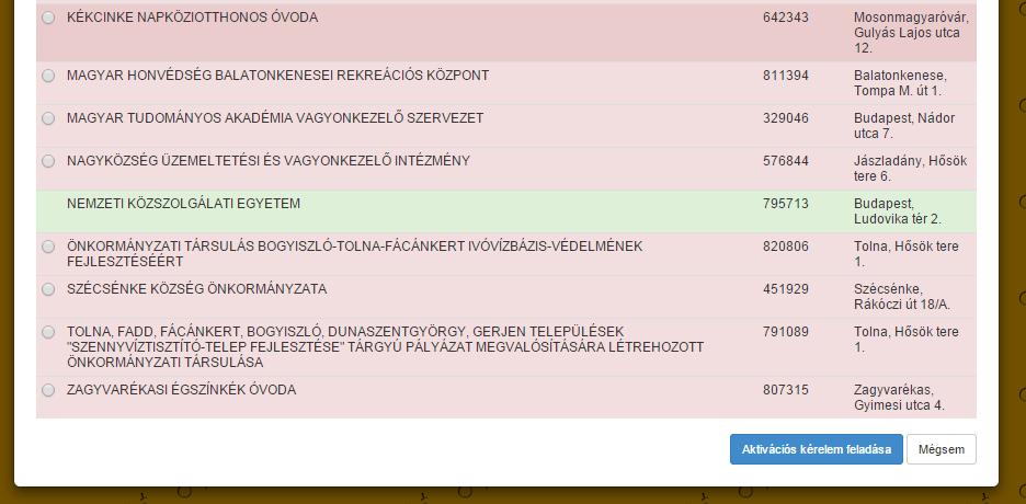 5. Jelölje ki az aktiválni kívánt szervezetet vagy telephelyet és kattintson az aktivációs kérelem feladása ikonra! 6. A szervezetet az NKE adminisztrátorai aktiválják.