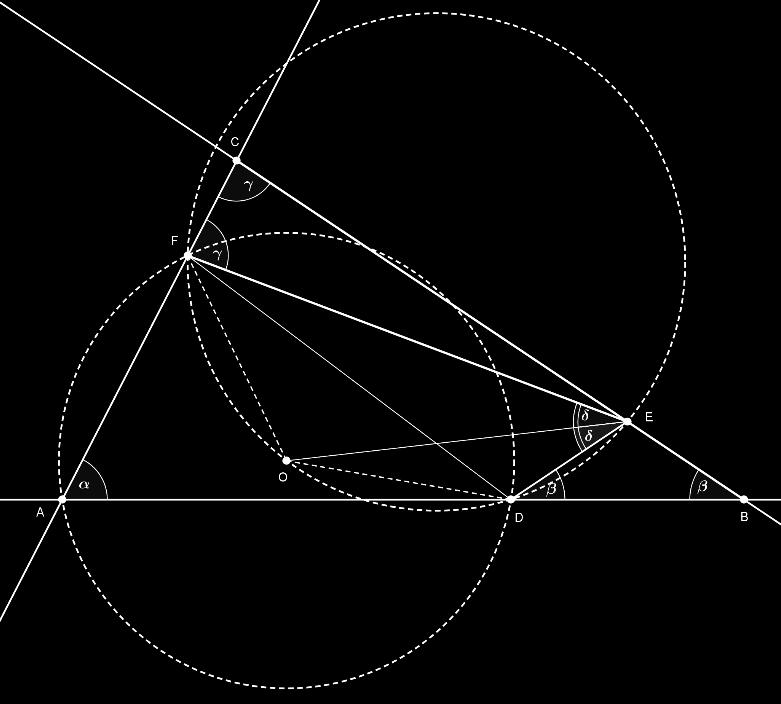 szemben levő szög összege FED DOF 80 80, ezért a DEFO négyszög húrnégyszög A DEFO négyszögben a DO és FO azonos hosszúságú húrok, hiszen ezek a szakaszok az háromszög körülírt körének sugarai ADF A