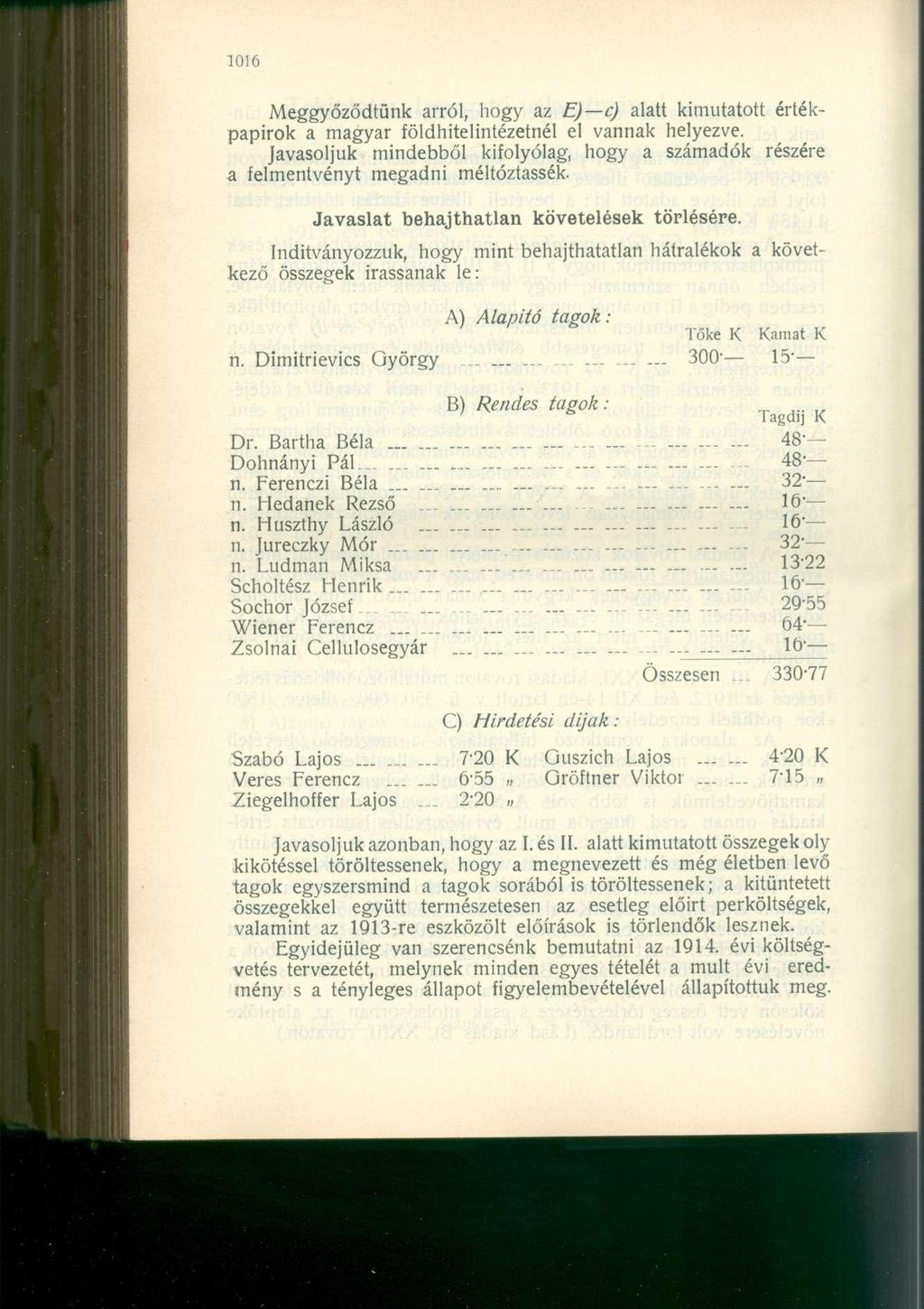 Meggyőződtünk arról, hogy az E) c) alatt kimutatott értékpapírok a magyar földhitelintézetnél el vannak helyezve.