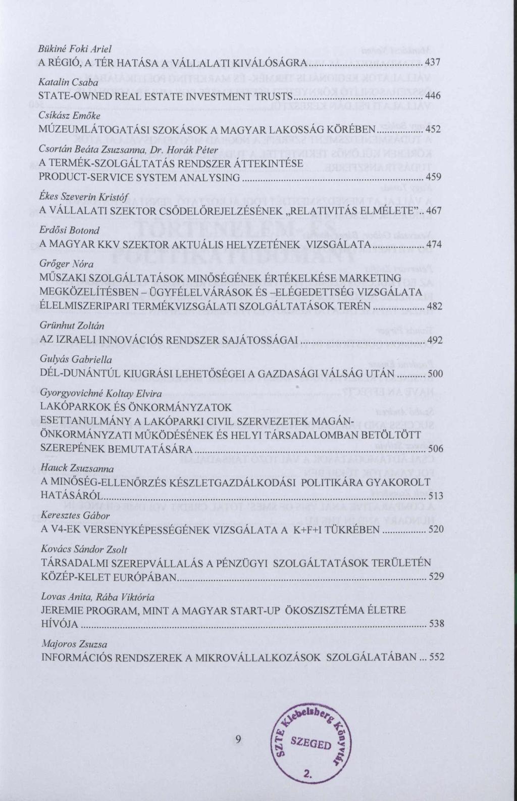 Bükiné Foki Ariel A RÉGIÓ, A TÉR HATÁSA A VÁLLALATI KIVÁLÓSÁGRA... 437 Katalin Csaba STATE-OWNED REAL ESTATE INVESTMENT TRUSTS...446 Csikasz Emőke MÚZEUMLÁTOGATÁSI SZOKÁSOK A MAGYAR LAKOSSÁG KÖRÉBEN.