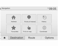 A navigációs menüképernyő az alábbi menüket és almenüket tartalmazza: Úti cél Lásd (NAVI 50 IntelliLink) "Úti cél megadása" 3 100.