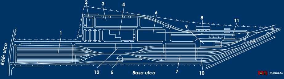pályafenntartási épület 10. járműmosó 11. szabadtéri tároló 12.