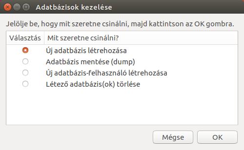 Ezután adja meg a létrehozandó adatbázis nevét. 12. ábra - Adatbázis segédeszköz Ha már létezik a megadott névvel adatbázis, akkor egy figyelmeztetést kapunk, és a program futása befejeződik.