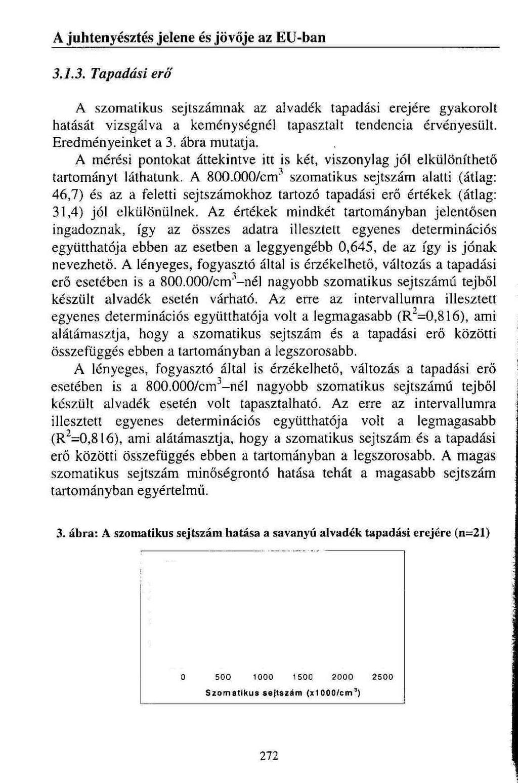 A juhtenyésztés jelene és jövője az EU-ban 3.1.3. Tapadási erő A szomatikus sejtszámnak az alvadék tapadási erejére gyakorolt hatását vizsgálva a keménységnél tapasztalt tendencia érvényesült.