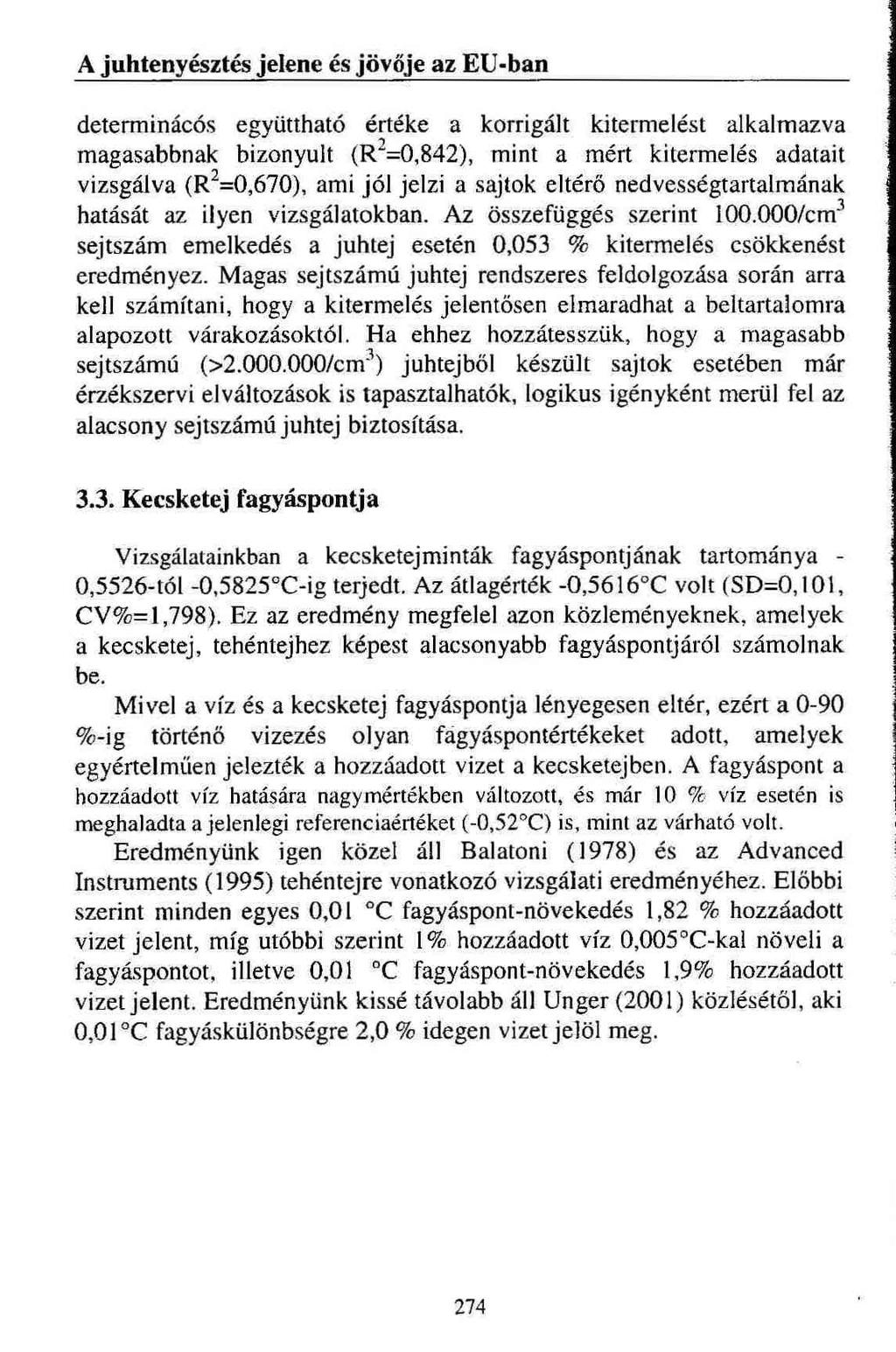 A juhtenyésztés jelene és jövője az EU-ban determinácós együttható értéke a korrigált kitermelést alkalmazva magasabbnak bizonyult (R2=0,842), mint a mért kitermelés adatait vizsgálva (R2=0,670), ami