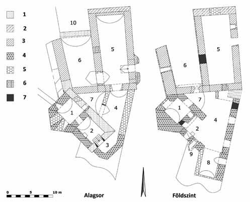 Németújvár (Güssing) épületrégészeti megfigyelések az elővárban 29 3. kép: Az Újlaki-torony környékének alagsori és földszinti alaprajza az építési periódusok jelölésével (1: 12. sz. 2. fele, 2: 13/14.
