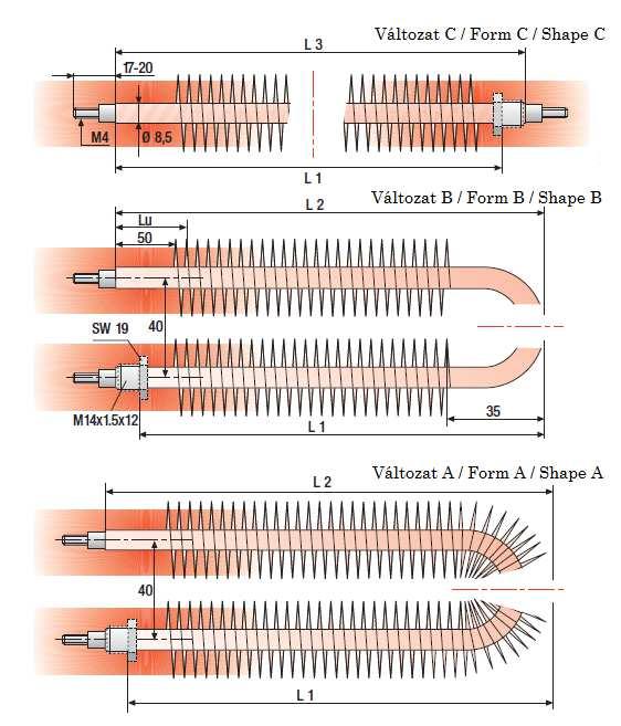 Assembly Finned tubular heaters can be supplied straight or bent and with or without threaded nipple M14 x 1,5 ready for the assembly (see illustrations).