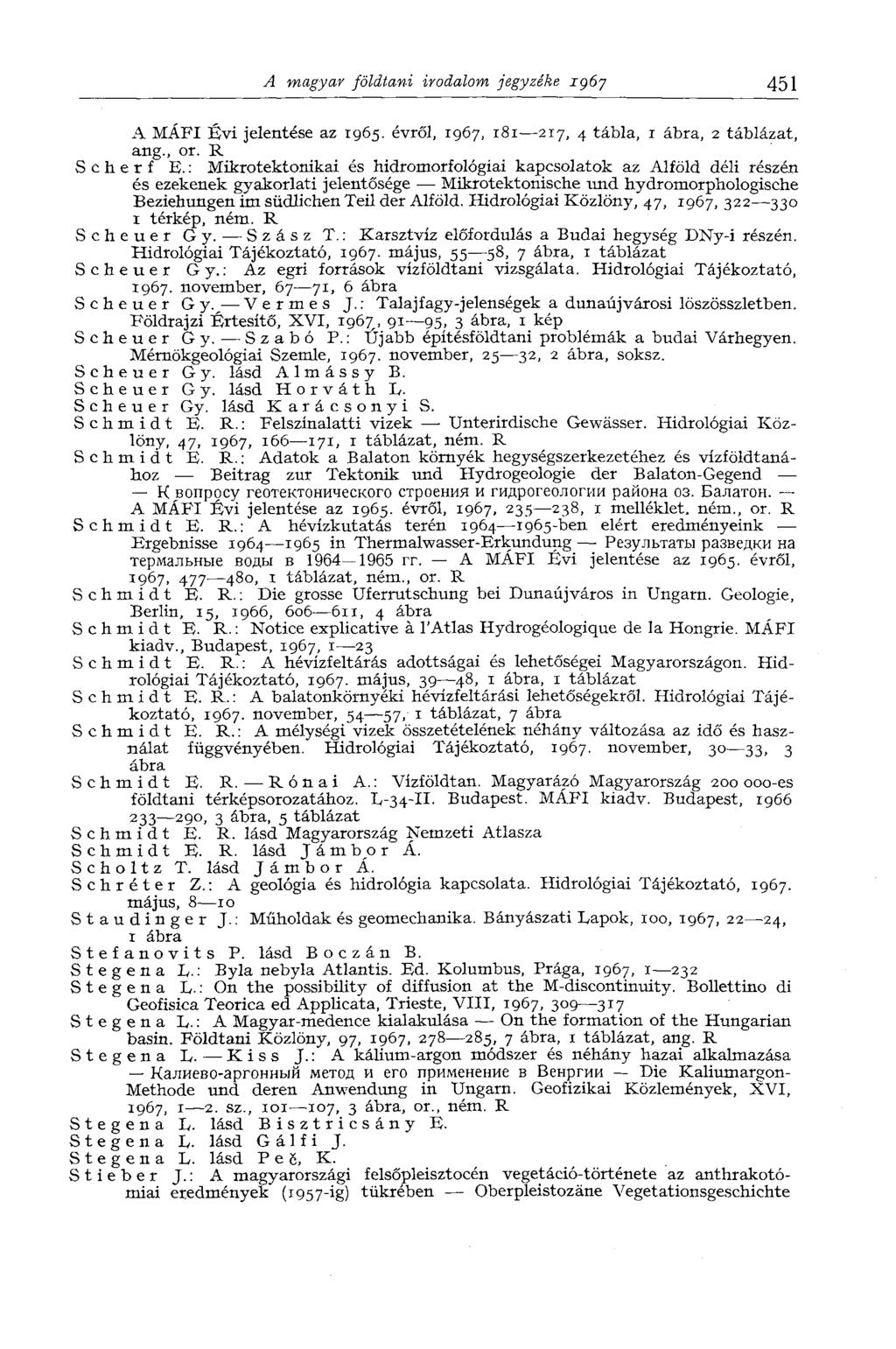 A magyar földtani irodalom jegyzéke ig6y 451 A MÁFI Évi jelentése az 1965. évről, 1967, 181 217, 4 tábla, 1 ábra, 2 táblázat, ang., or. R S с h e r f E.